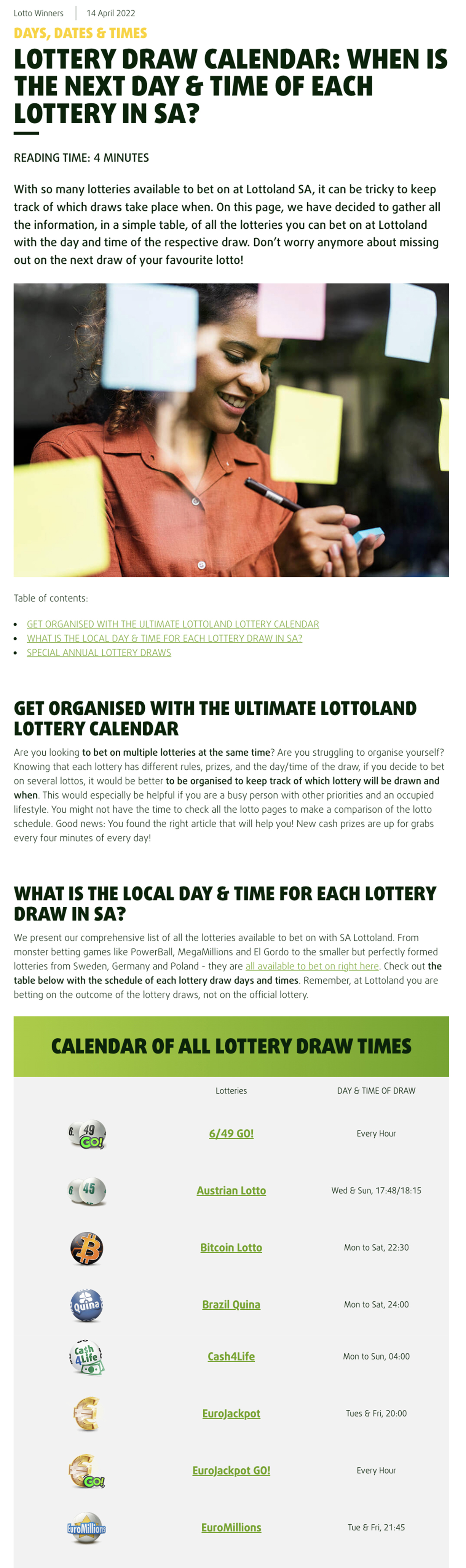 Article lottery - Calendar Draw in SA
